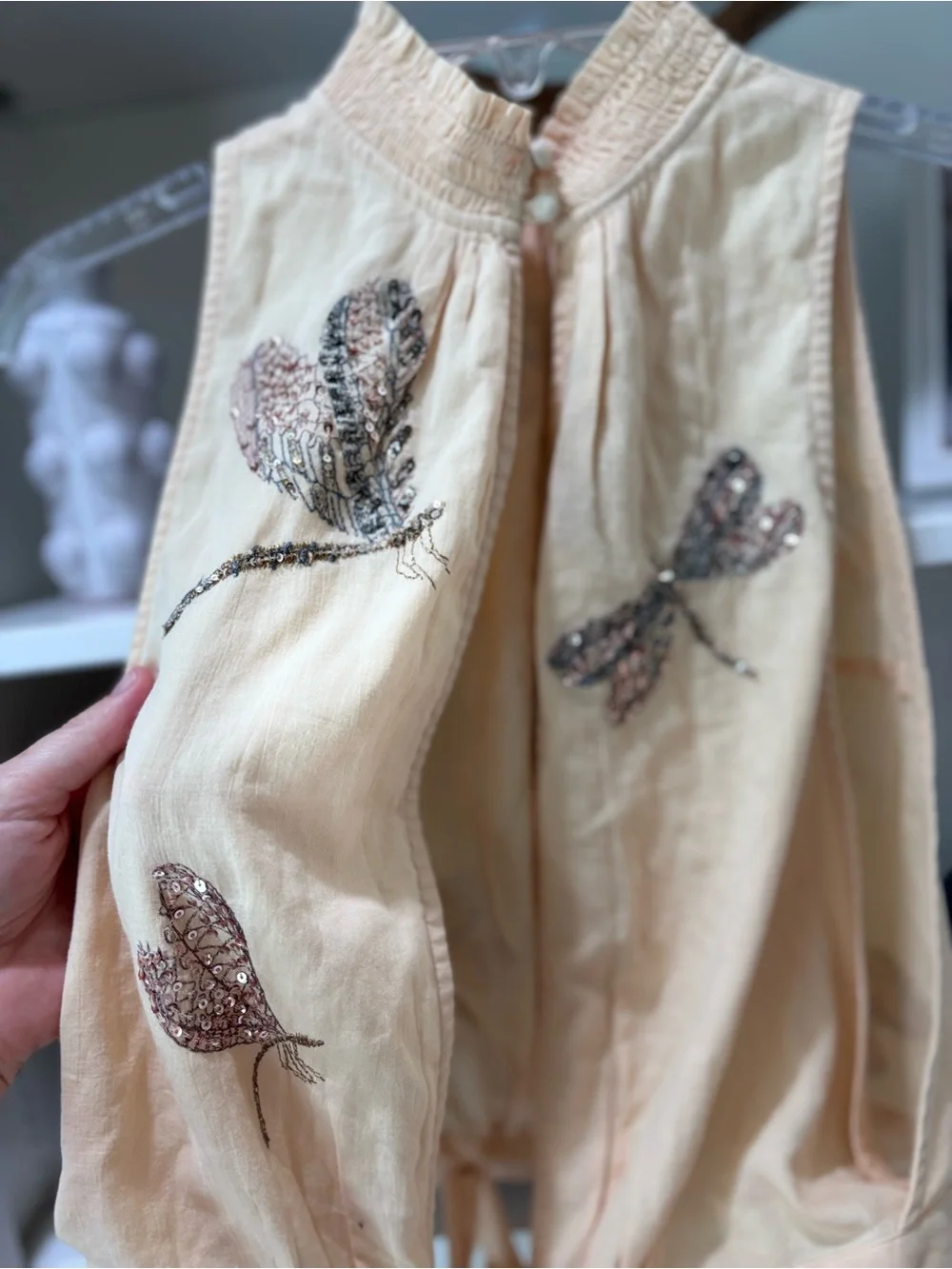 Free People "The Garden" top smocked mock neck sequin dragonfly embroidery S - Picture 9 of 10